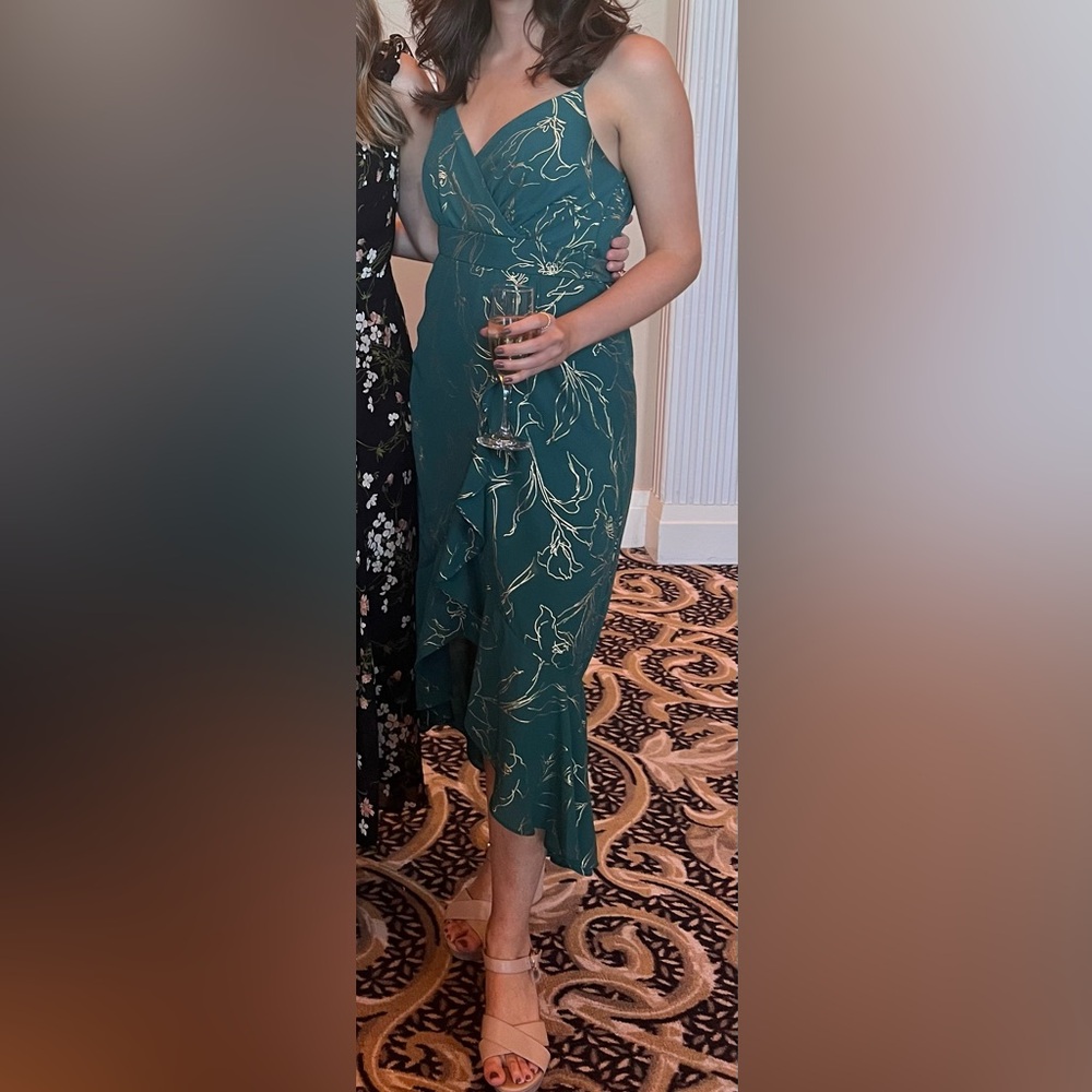 Emerald green and gold floral tie sleeveless dress
